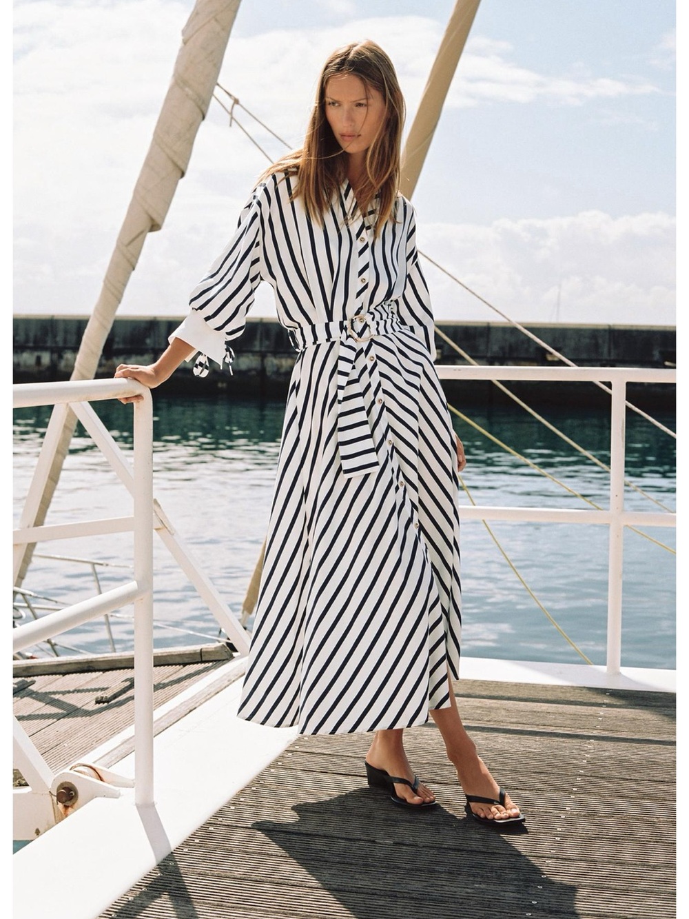 navy and white Zara Belted Striped Midi Dress featuring a lapel collar